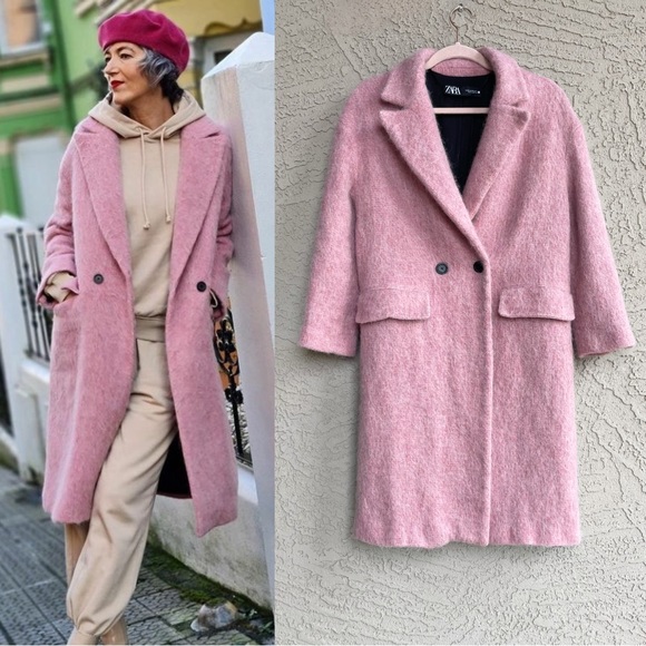 ZARA LIMITED EDITION BLOGGER FAVE Fuzzy Pink Wool Coat Alpaca Wool Trench Coat - Picture 4 of 16